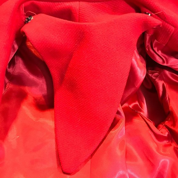 Vintage Woman's Bright Red Peacoat Jacket GUC Retro Pleated Skirt Attached Belt - Picture 7 of 10